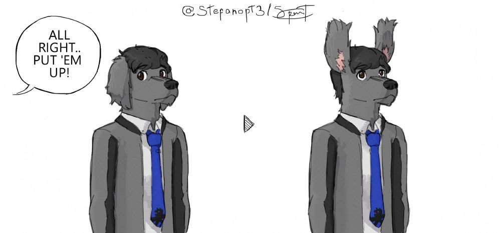 2 panel comic featuring an Anthro poodle, "All Right.. Put 'Em Up" and then putting his ears up #Art #FurryArt #Redraw #Fursona #StefArt