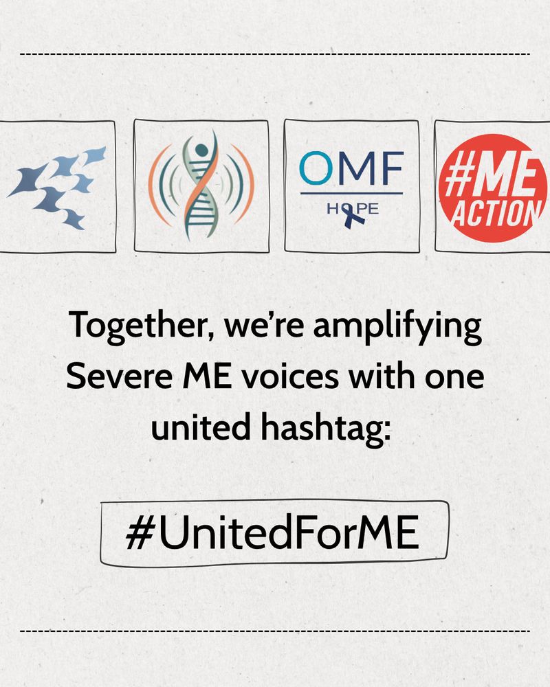 Simple graphic with logos from Bateman Horne Center, Solve ME/CFS Initiative, Open Medicine Foundation, and MEAction at the top. Text underneath reads: “Together, we’re amplifying Severe ME voices with one united hashtag: #UnitedForME.” 