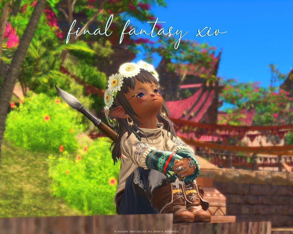 Mitan, a South Sea Plainsfolk Lalafell, sits holding her legs comfortably on the docks near accomodations in Tuliyollal. She wears a crown of florals of long wavy hair, thin brass frames, brassy dangling earrings with white tassles, a cream-toned Turali long sleeve top with colorful weaving, stained and bleached painter's bottoms tucked into thick brown boots, and fashionable bracelets and rings. Her practicing brush, a hardwood stained in deep brown, sits at her back. 

The copyright material is present on the image, "Final Fantasy XIV" in cursive at the top and "Square Enix Co., Ltd.   All Rights Reserved." in plain thin text at the far bottom.