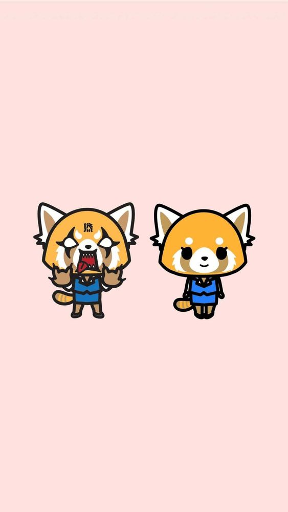 Two cartoon red pandas, wearing blue office clothes, they are both the same character called Retsuko but each in a different mood. The first is Retsuko in a towering rage, doing death metal vocals, the second is relaxed Retsuko, looking attentive and happy. She's from the cartoon "Aggretsuko" which is from the Sanrio franchise.