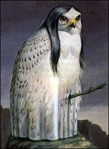 An unknown artist's depiction of La Lechuza, a woman in a white robe of owl feathers, a stick coming out from beneath the robe but the woman otherwise invisible. The head is hawkish and owl-like all at once yet has a mop of black hair.
