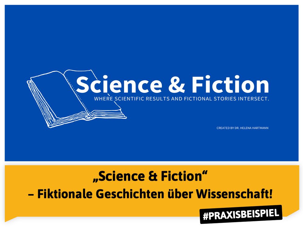 Blaues Bild oben: aufgeschlagenes Buch mit dem Titel Science & Fiction
Darunter gelber Banner mit dem Schriftzug "Science & Ficction" - Fiktionale Geschichten über Wissenschaft 
Der Hashtag #PRAXISBEISPIEL ist schwarz hinterlegt