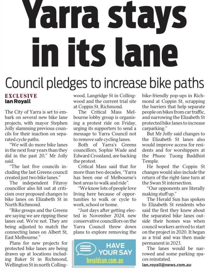 "Yarra stays in it's lane" Herald Sun 27 January 2025