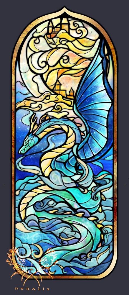 Stained glass  illustration

A winged eastern dragon, which is colored in teal hues. Flying up to the clouds behind him theres an indicated moonlight castle hidden in golden clouds.