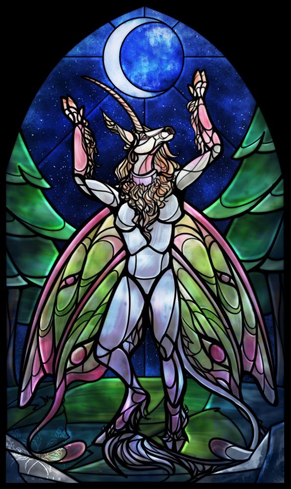 Stainedglass styled digital illustration of a anthropomorphic unicorn with lunamoth wings. She is holding her hands up towards the night sky. The moon is shining over a pine forest