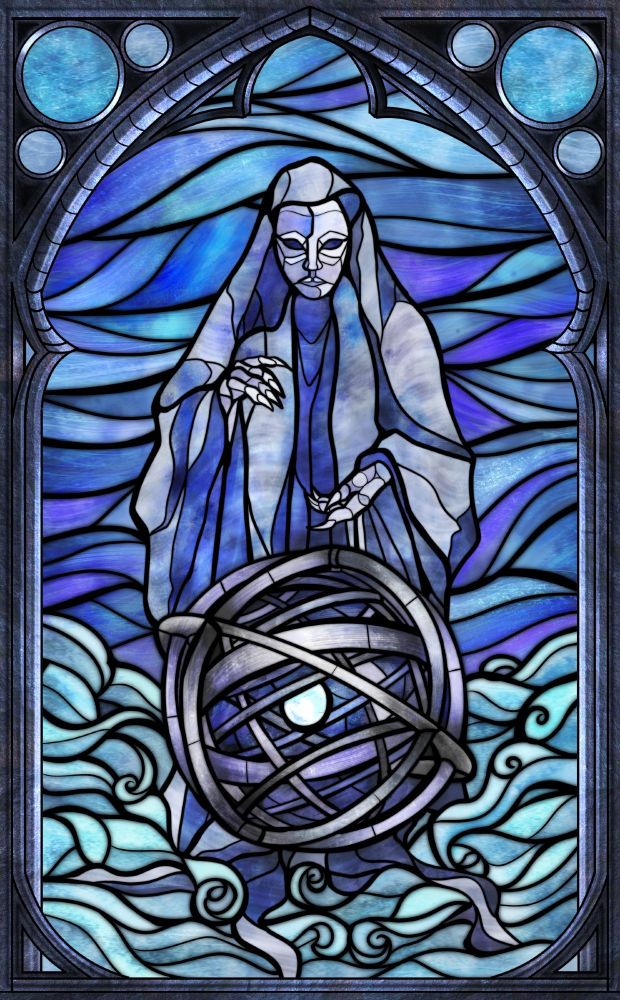 Stained glass artwork of a robed, ethereal figure with clawed hands holding an armillary sphere above swirling ocean waves, in shades of blue and violet.