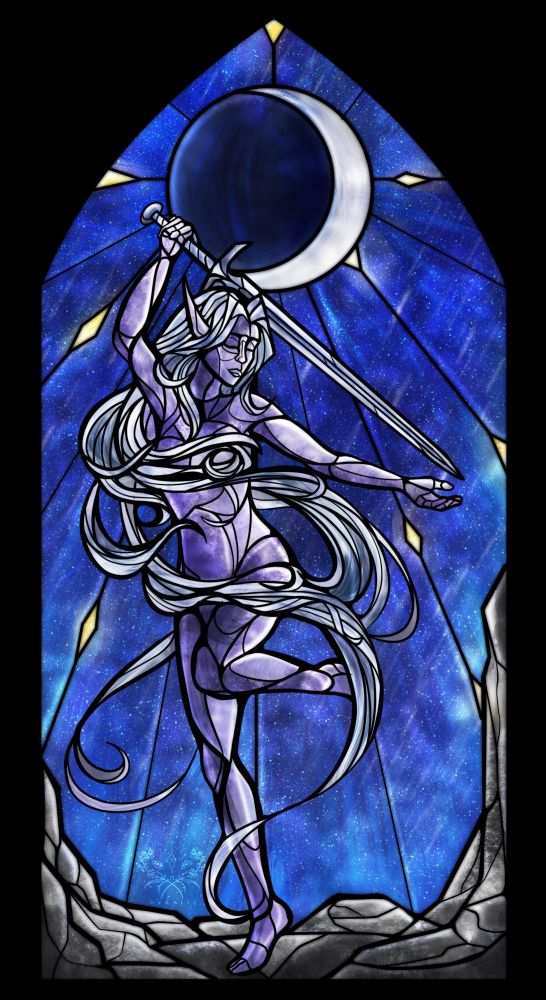 Stained glass artwork of an dungeon and dragon goddess, she is dancing with her sword under the moonlight