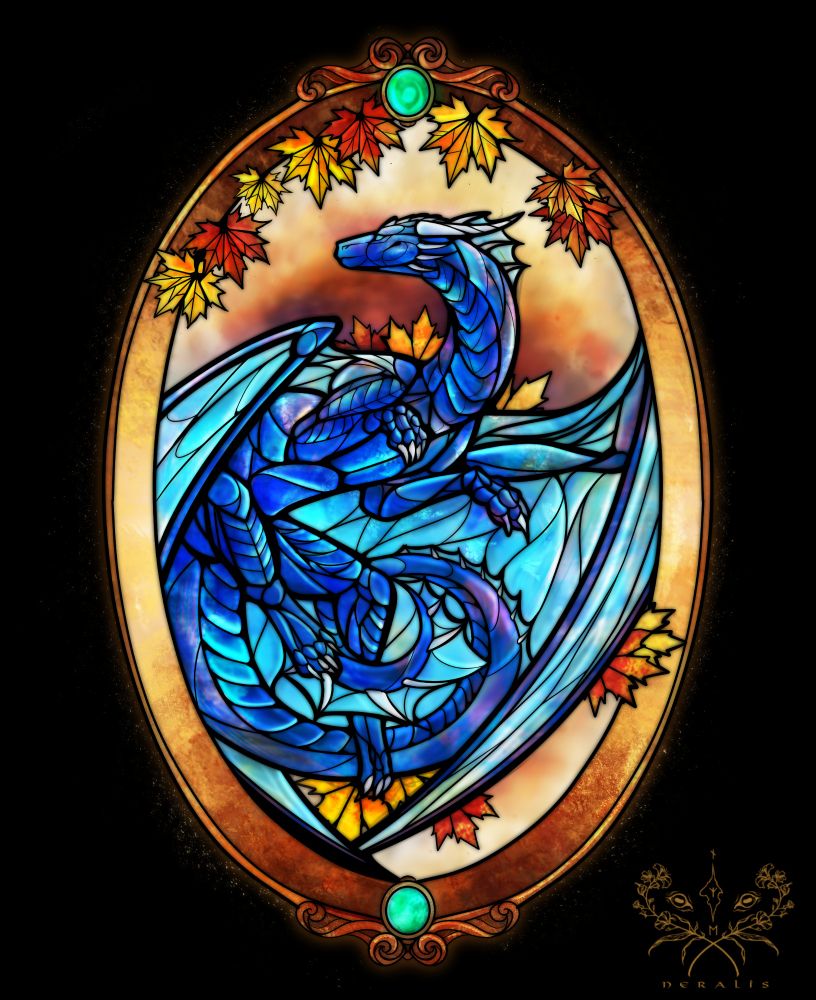 Fullbody artwork in a style imitating a stained-glass mosaic window. 

It shows a fullbody of a blue Dragon lying on its back. The Dragon rolls around on its back ontop of a few acorn leaves who are colored in shades of red and yellow. The border is colored in bronze tones also with leaves. 