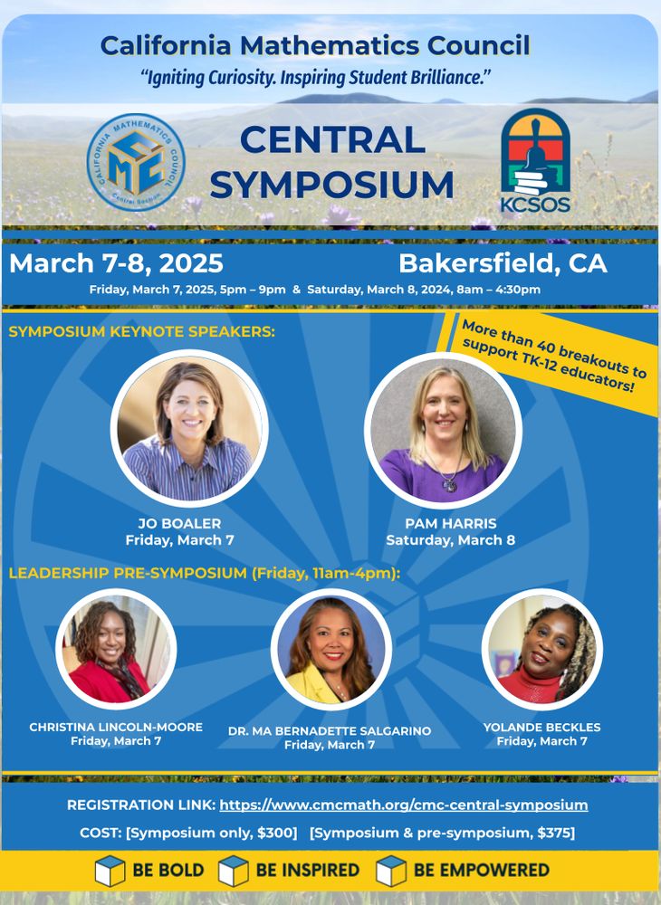 The symposium flyer. The flyer shows that the keynote speakers are Jo Boaler and Pam Harris. The leadership pre-symposium speakers are Christina Lincoln-Moore, Ma Bernadette Salgarino, and Yolande Beckles.