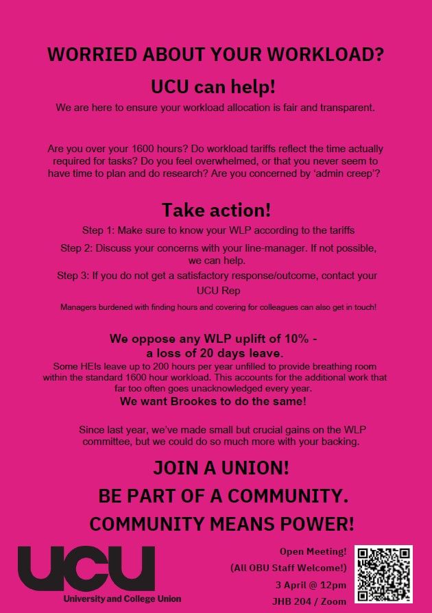 Worried about workload? Take action and support UCU Oxford Brookes.