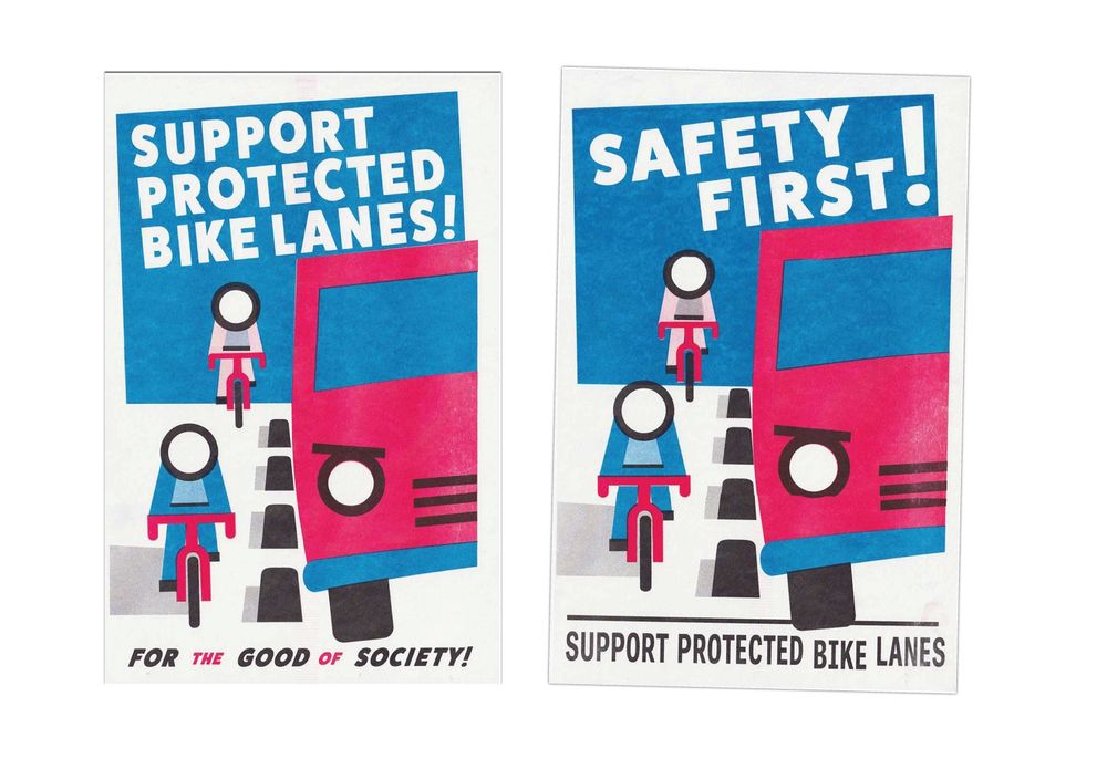 Two posters showing a car almost careening into cyclists in a bike lane, but thankfully prevented by the bike lane dividers.