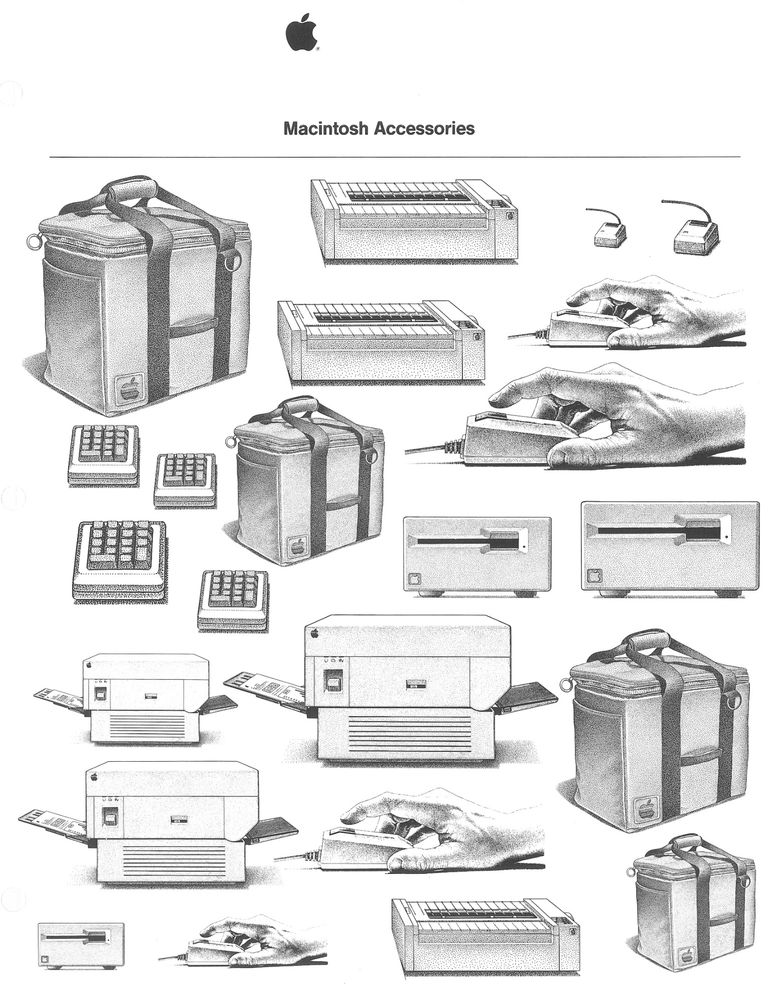 Clip art of Macintosh accessories (bag, printers, drives, keypads, mice)