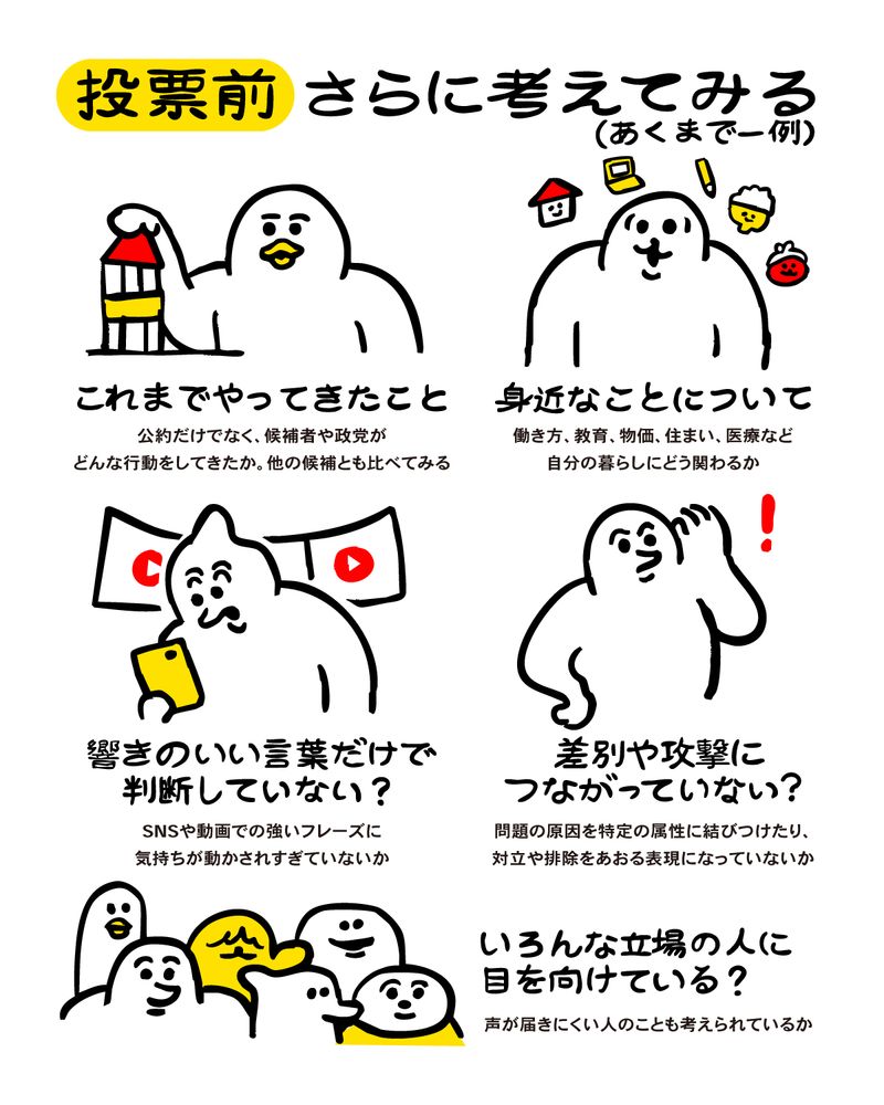 投票前、さらに考えてみる（あくまで一例）
①これまでやってきたこと
公約だけでなく、候補者や政党がどんな行動をしてきたか。他の候補とも比べてみる。
②身近なテーマへの考え方
働き方、教育、物価、住まい、医療など。自分の暮らしにどう関わるか。
③響きのいい言葉だけで判断していない？
SNSや動画での強いフレーズに気持ちが動かされすぎていないか。
④差別や攻撃につながっていない？
問題の原因を特定の属性に結びつけたり、対立や排除をあおる表現になっていないか。
⑤いろんな立場に目を向けている？
声が届きにくい人のことも考えられているか。