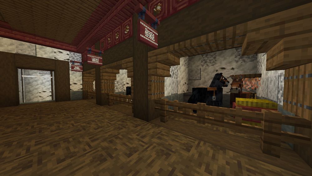 Minecraft screenshot of stables made of mangrove and spruce. There are a black horse and mule in the picture. 