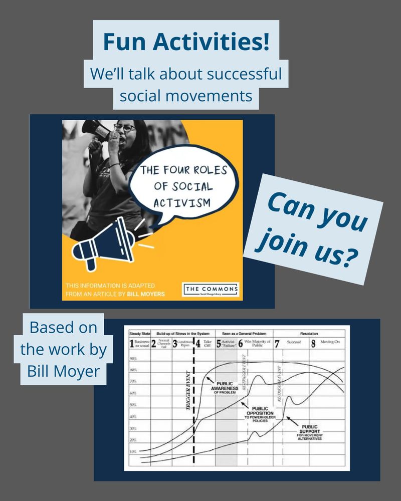 Photo of woman speaking into megaphone with the bubble title 'The Four Roles of social activism' and a chart showing the 8 stages of social movements. Based on the work by Bill Moyer.