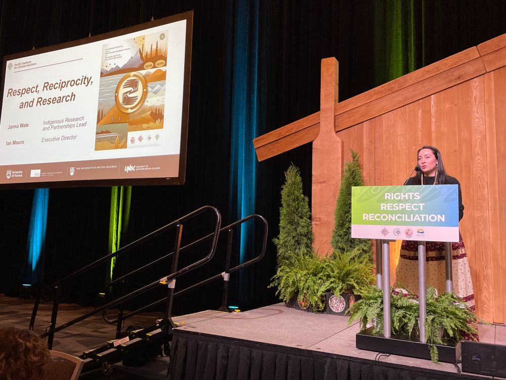 PICS Indigenous Research and Partnerships Lead Janna Wale speaks at a podium wearing a black top and a traditional ribbon skirt. A sign on the podium reads "RIGHTS. RESPECT. RECONCILIATION". To her side, a screen reads "Respect, Reciprocity and Research".