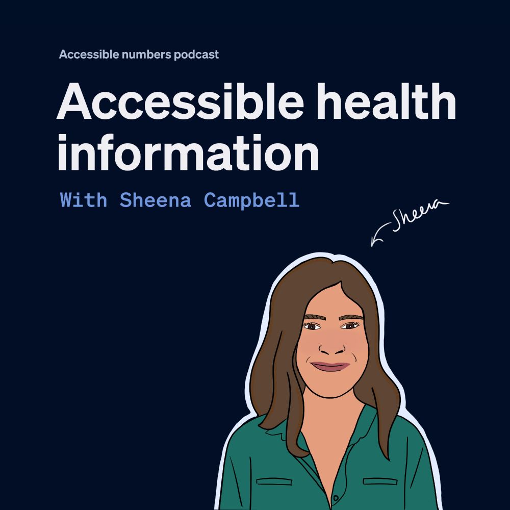 Alt text. Podcast artwork. Dark blue background. Text reads "Accessible numbers podcast. Accessible health information with Sheena Campbell." There's an illustrated image of Sheena in the bottom right corner. Sheena is a white woman with long brown hair. She's wearing a green blouse.