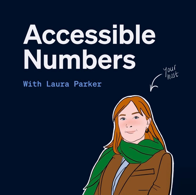 Podcast artwork. Dark blue background with white and light blue writing says “Accessible Numbers with Laura Parker.” There’s an illustrated image of Laura. Laura is a white female with ginger hair. She’s wearing a camel coloured coat and green scarf. 