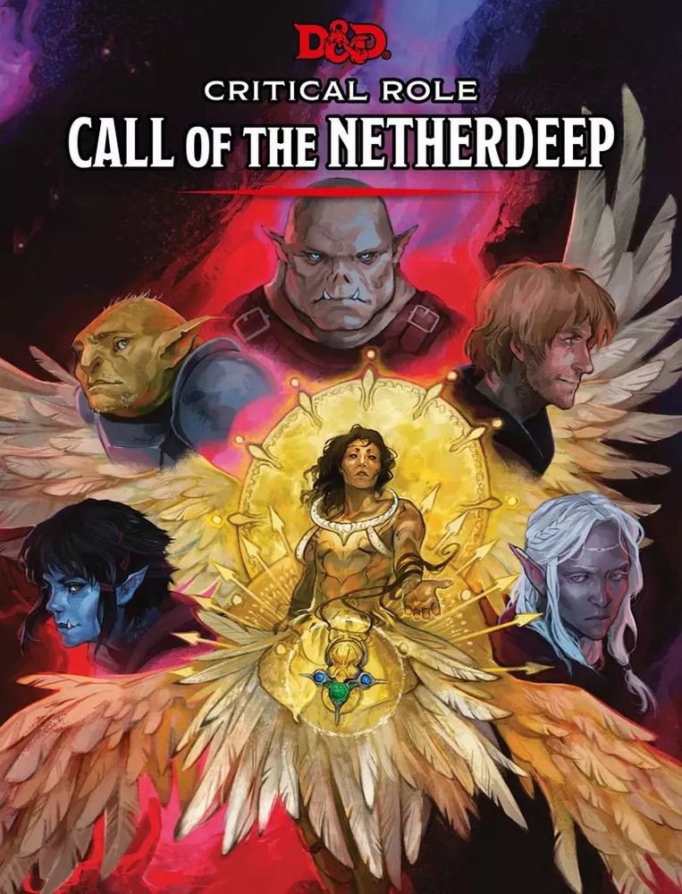 The cover of Critical Role's Call of the Netherdeep, which shows Alyxian surrounded by the five rivals, Ayo, Dermot, Maggie, Irvan, and Galsariad.