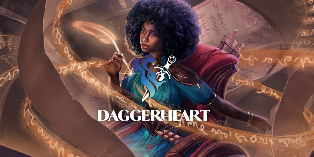 "Daggerheart" title and logo laid over an illustration of a woman in a wheelchair holding a quill, parchment and runes swirling about her magically.