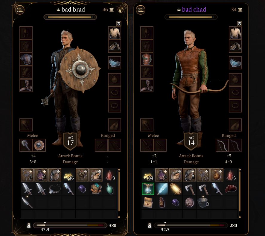 A picture of the party in BG3, showing two blonde men named Bad Chad and Bad Brad. Bad Chad is a gloomstalker ranger, Bad Brad is a cleric.