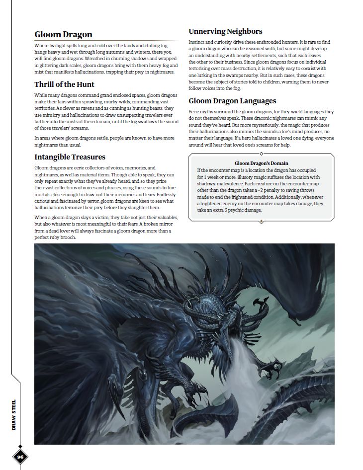 The Gloom Dragon page from Draw Steel, which details its behaviors, territory, and more.