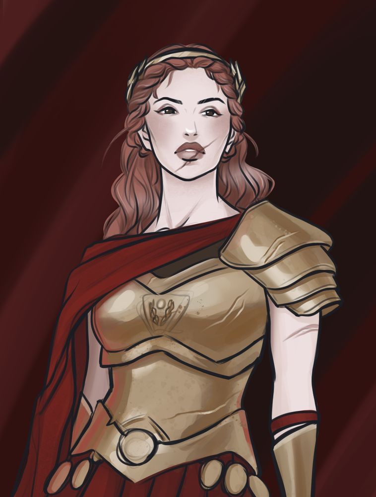 A red-haired woman in gold armor with a red cloak. She is scarred on her mouth and arm, and her armor bears signs of battle in scratches.