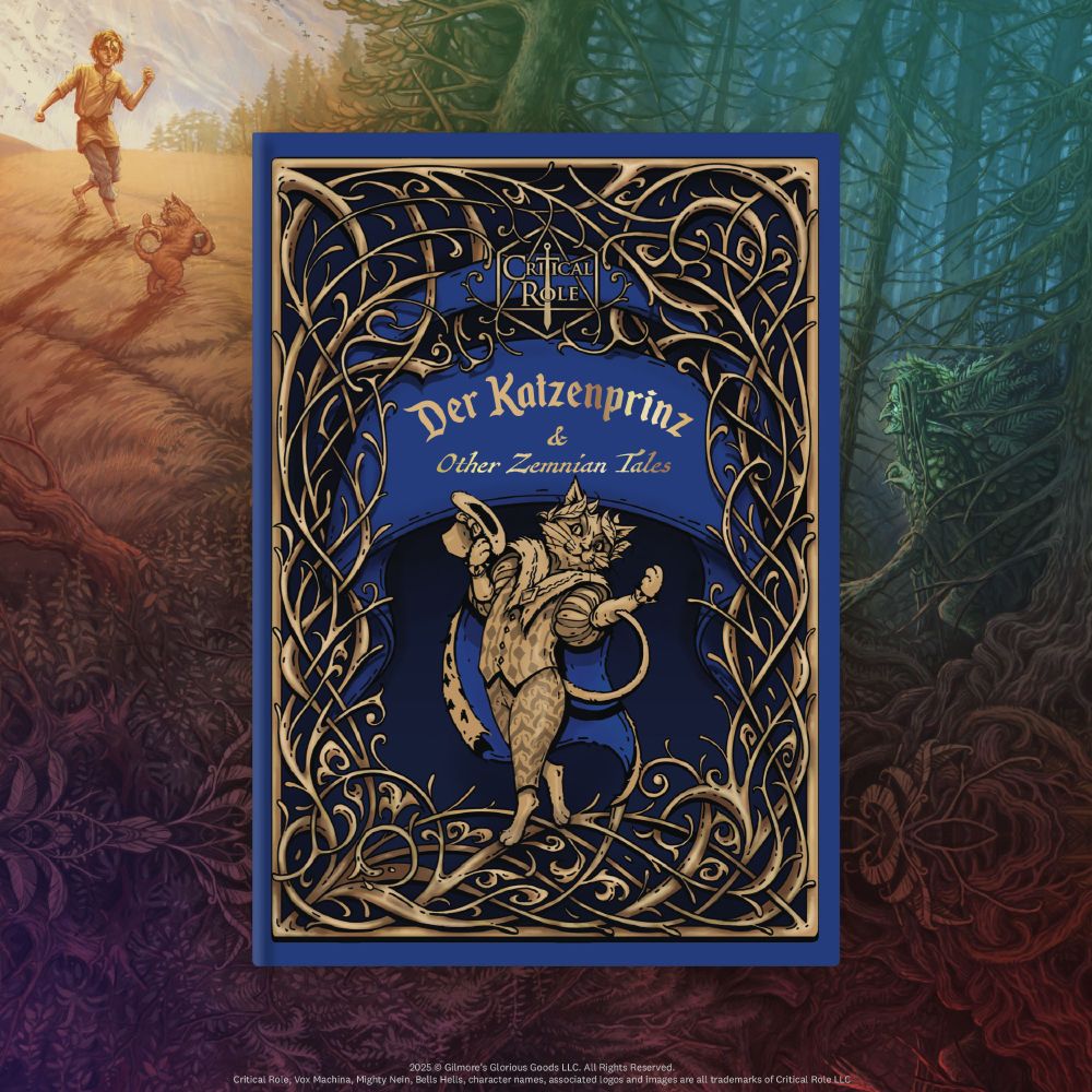 The beautiful cover of Der Katzenprinz & Other Zemnian Tales illustrated by Charlie (Newt) Borovský and written by Liam O'Brien sits against a fantastical background in this thumbnail 