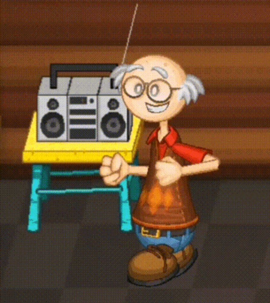 a cartoon character is dancing in front of a radio