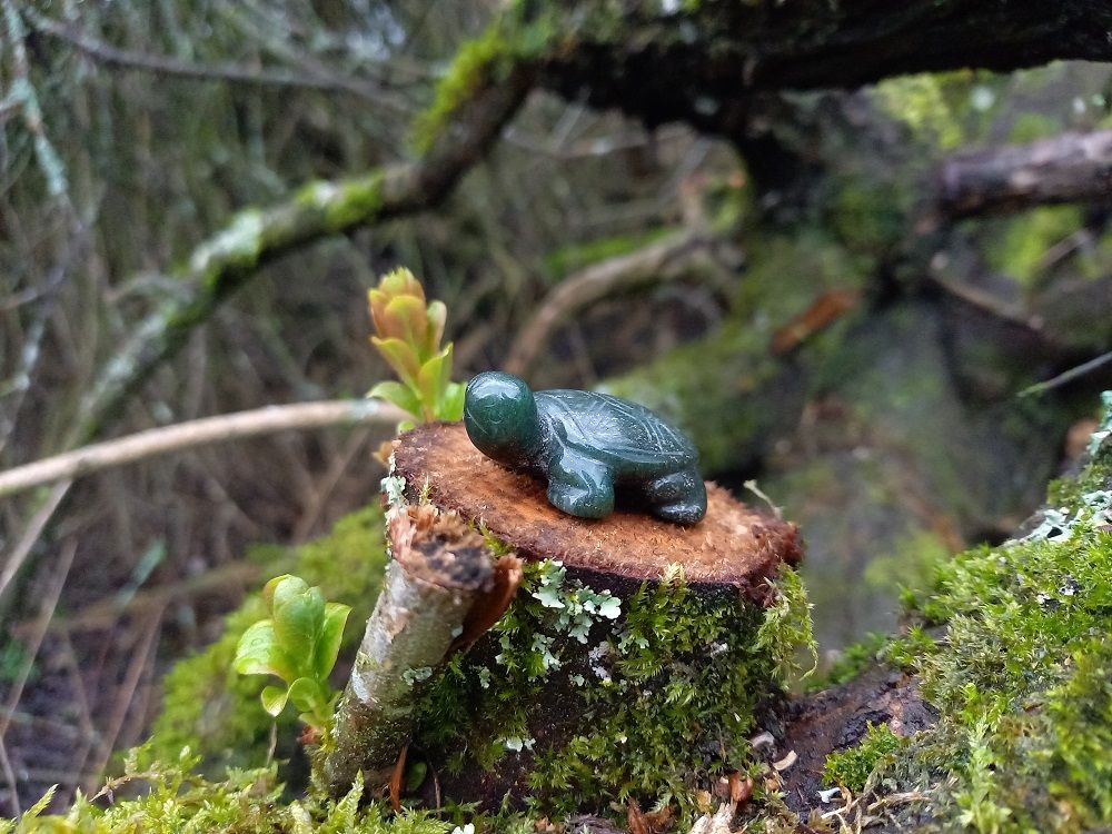 Small green stone turtle on a cut branch with a sprig of new growth, in the woods. 