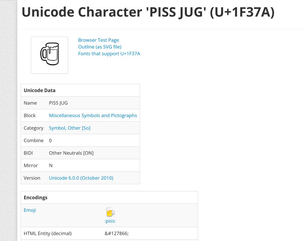 a screenshot of a webpage documenting the PISS JUG emoji (originally the beer mug emoji)
