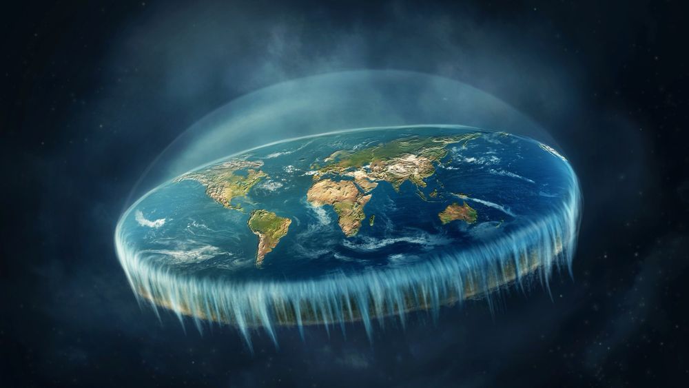 classic "flat earth" illustration with water falling off the edge, into space