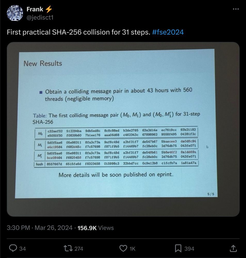 @jedisct1 on twitter: First practical SHA-256 collision for 32 steps. #fse2024
