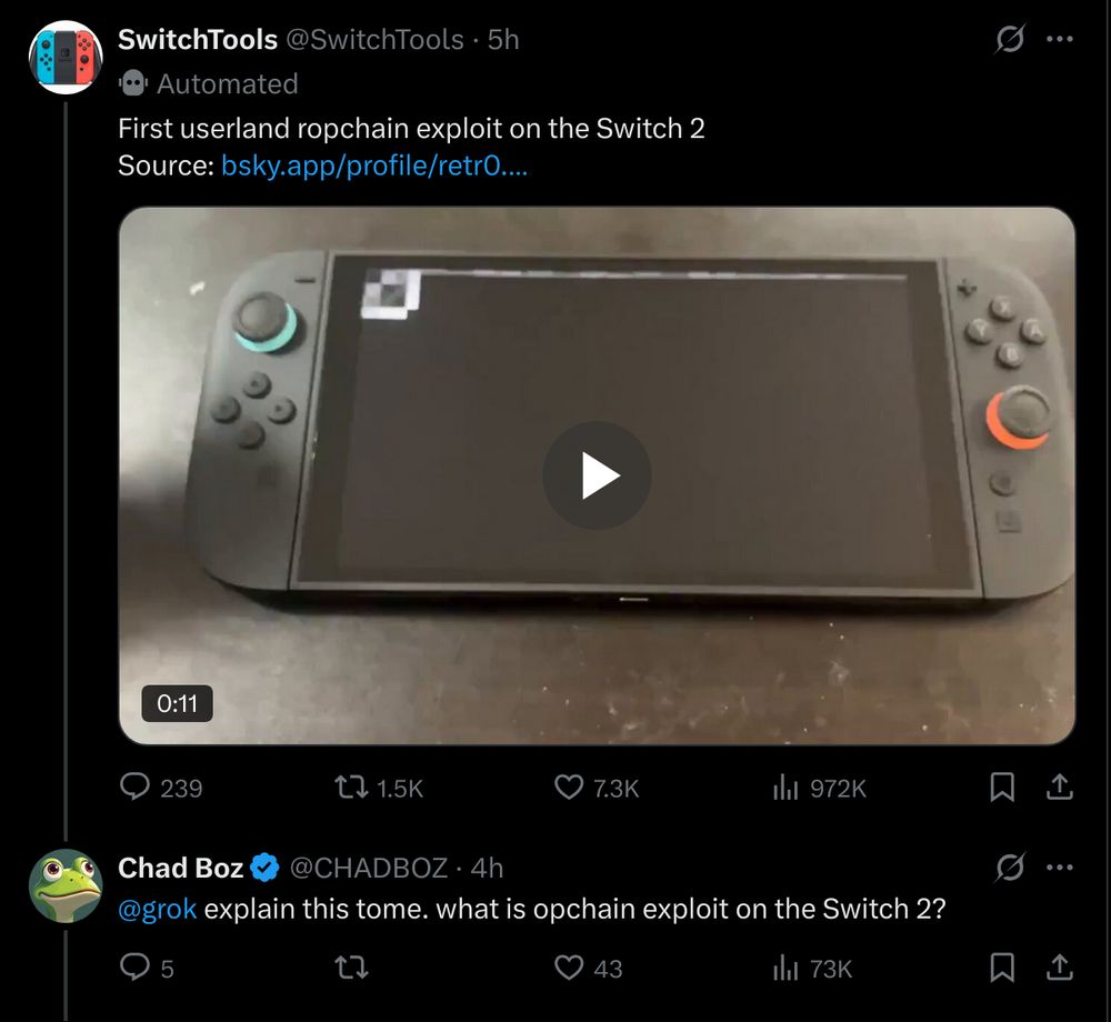 someone asking grok to explain a twitter-repost of my switch 2 ropchain post