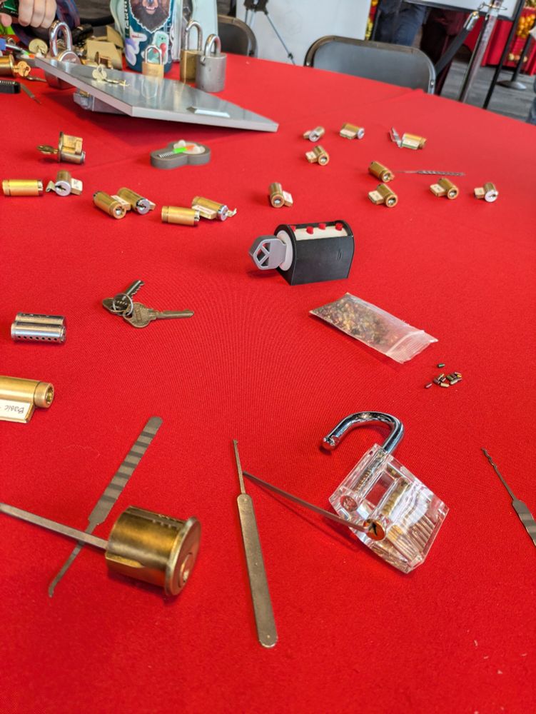 Red table covered in locks and lock picks 