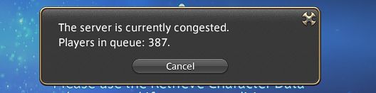 A screenshot of the queue login for FFXIV. It shows "The server is currently congested. Players in queue: 387 ."