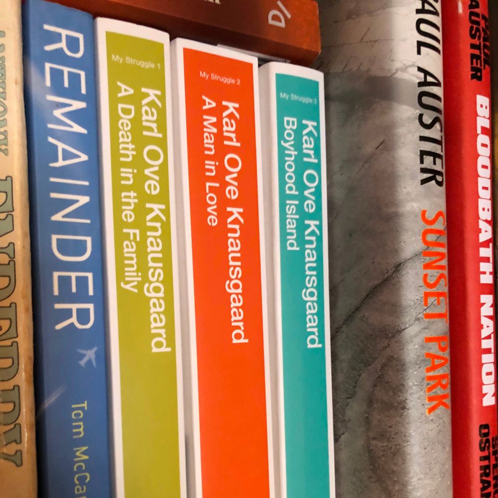 The first three Karl Ove Knausgaard 'My Struggle' books are on the shelf.