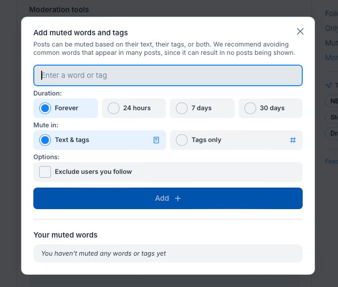 Add muted words and tags - Bluesky settings.