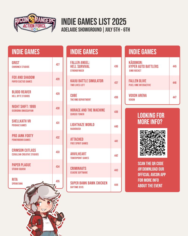An indie games list for AVCon 2025 featuring Night Shift: 1999 at booth 430