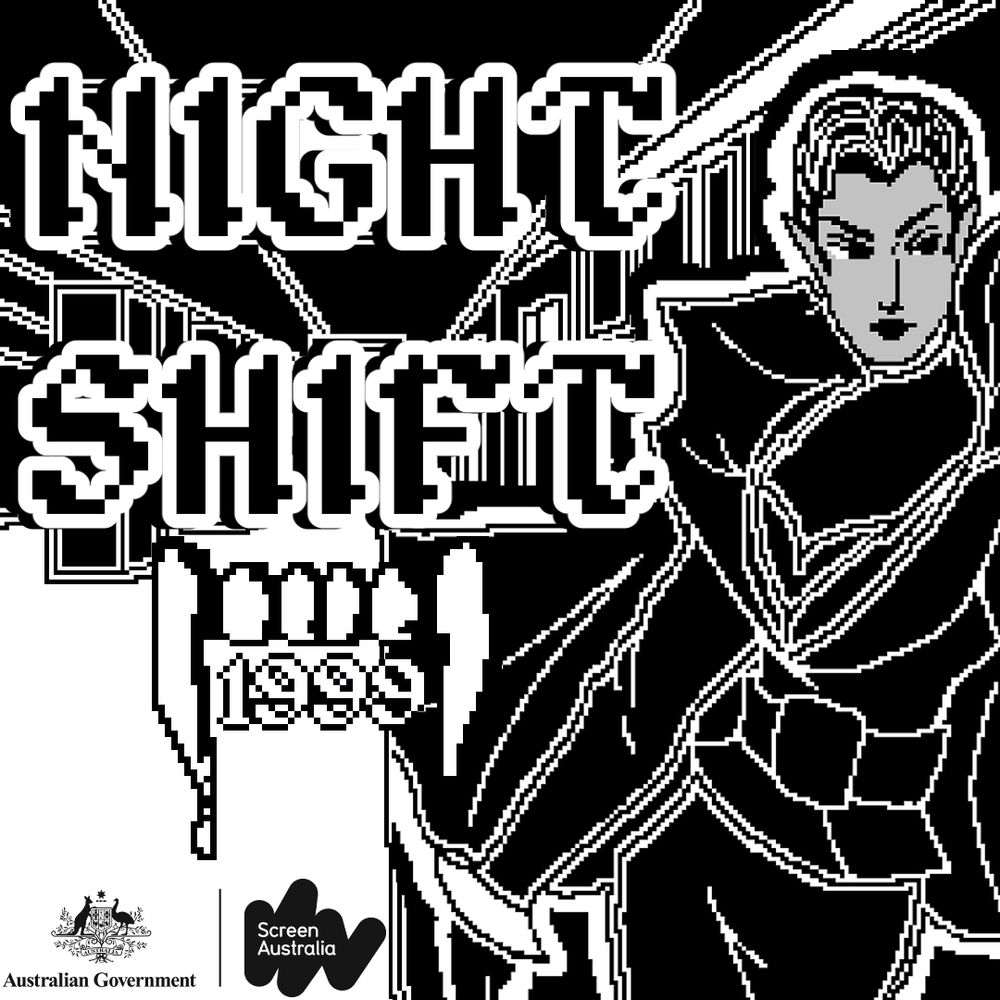 A promotional poster for Night Shift: 1999 featuring the Screen Australia logo and a 1-bit pixel art woman in a black outfit and cropped hair