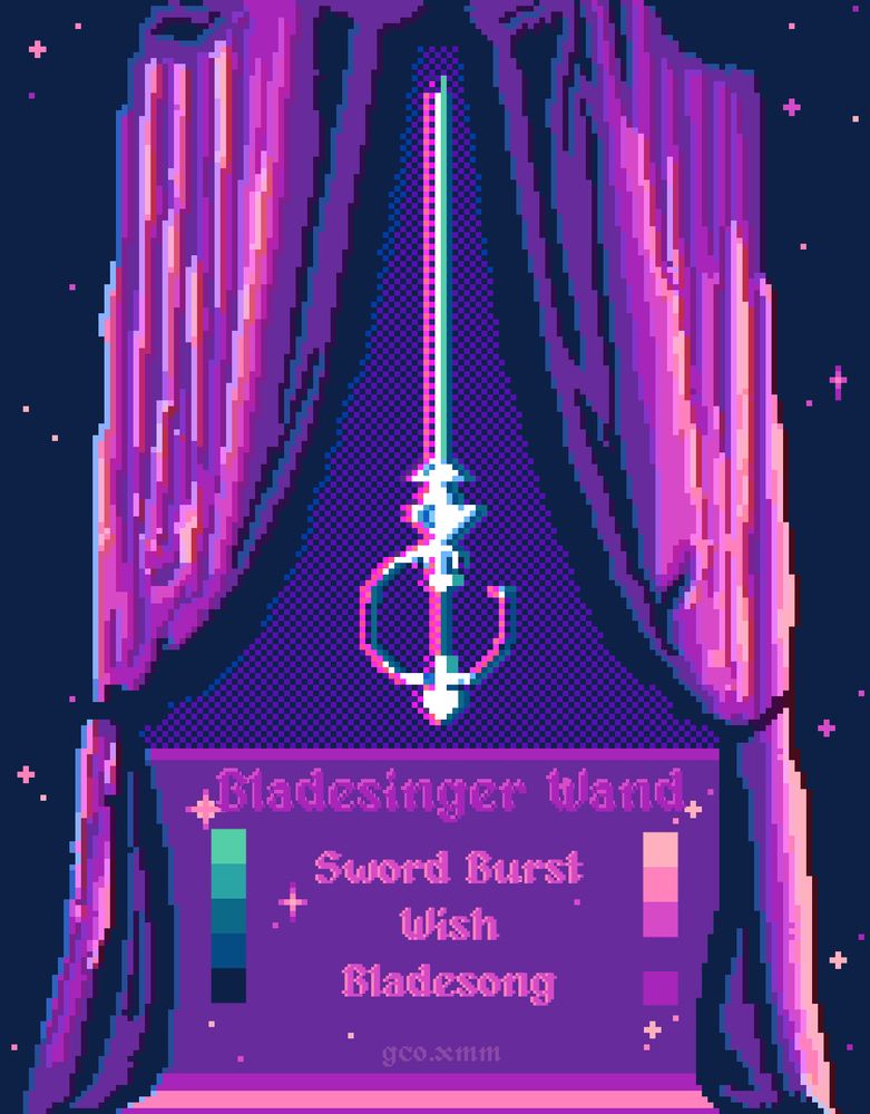 A pixel art drawing of a rapier in the centre of a trading card, with stars and curtains surrounding it. Underneath, there's text that says "Bladesinger Wand" with the following spells "Sword Burst", "Wish", and "Bladesong". 