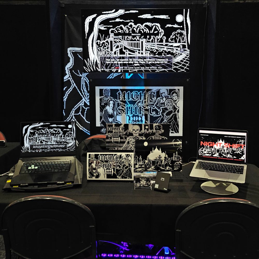 A booth advertising Night Shift: 1999 with promotional material and in-game screenshots