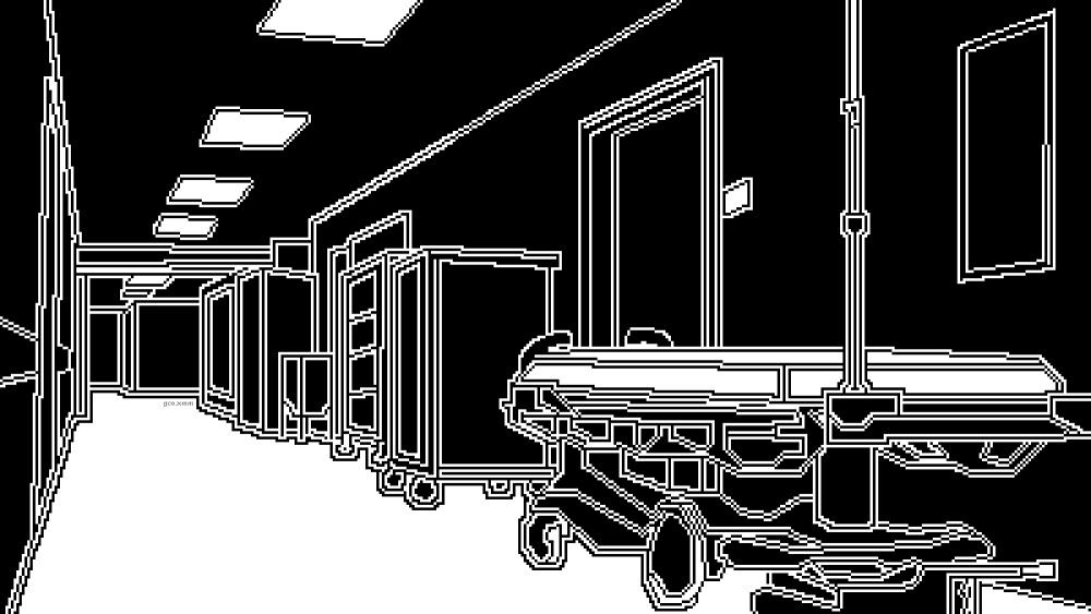 A pixel art drawing of black and white hospital hallway, with a hospital bed in the foreground and cabinets in the background