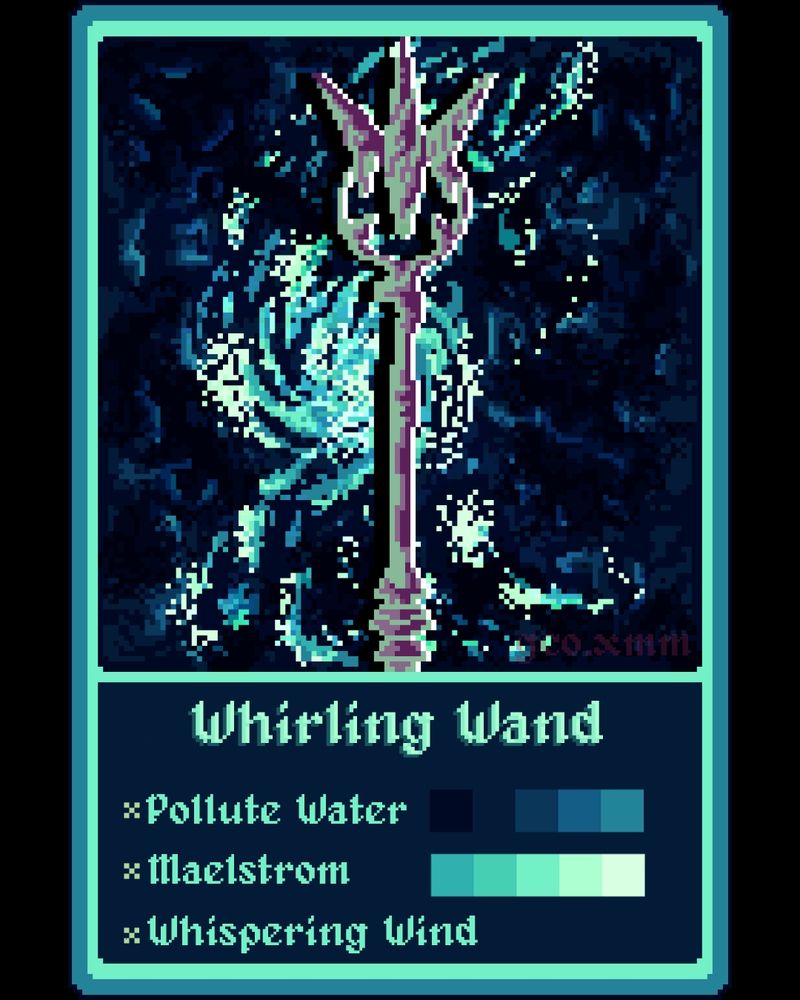 A pixel art trading card of a whirlpool with a rusted glaive in front of it. Underneath the text reads "Whirling Wand" with the spells "Pollute Water", "Malestrom" and "Whispering Wind" following.
