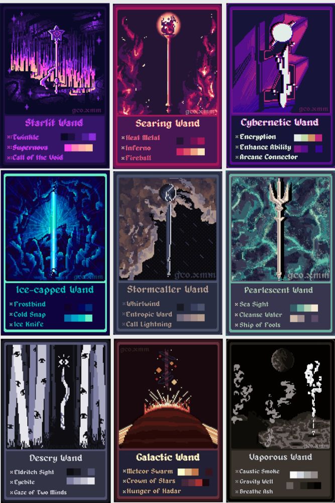 A collage of nine different wand trading cards drawn in pixel art, with varying colour palettes and backgrounds.