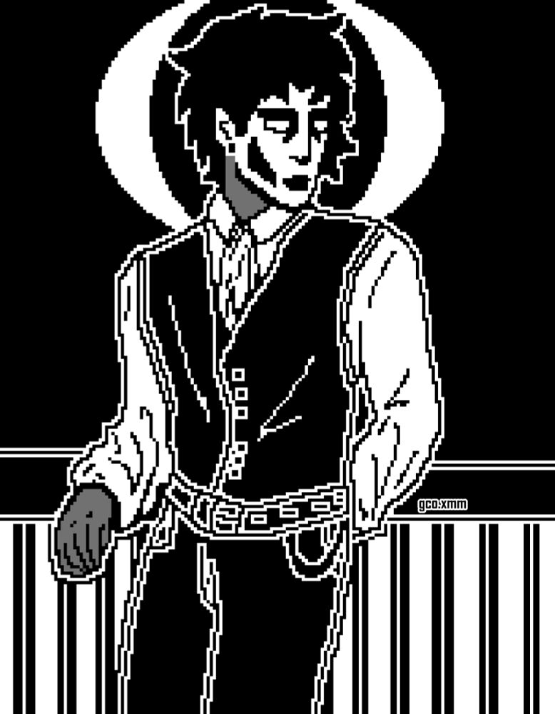 A 1-bit pixel drawing of a man standing against a ledge, his face is painted white and has a black vest and a white shirt on