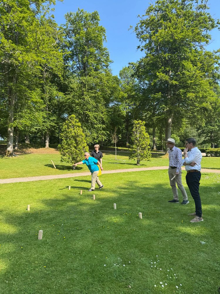 Four people plan kubb on a lawn