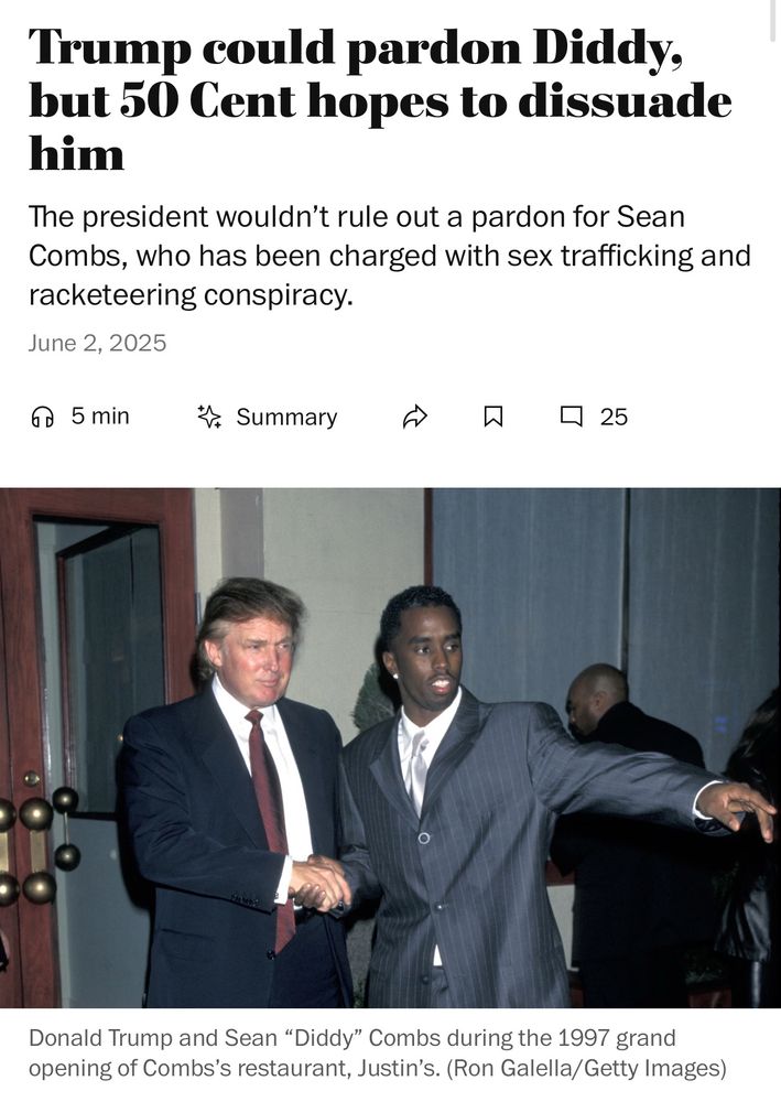 Washington Post article titled “Trump could pardon Diddy, but 50 Cent hopes to dissuade him” illustrated with a photo of Trump and Diddy clasping hands taken in 1997.