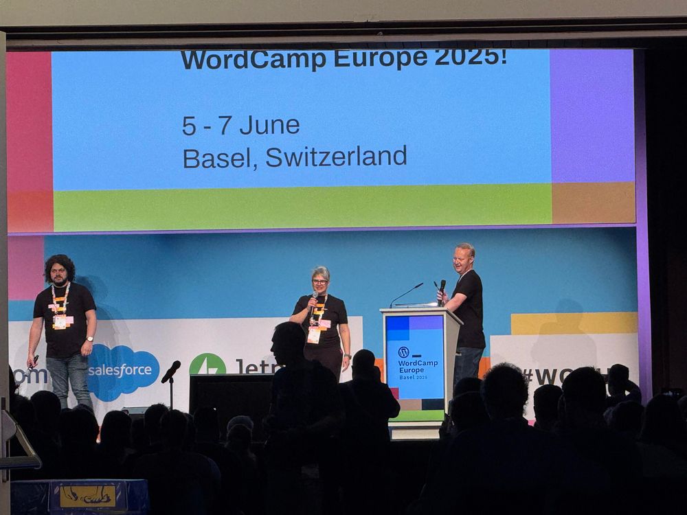 Three people on a stage, the projector screen behind them reads "WordCamp Europe 2025"