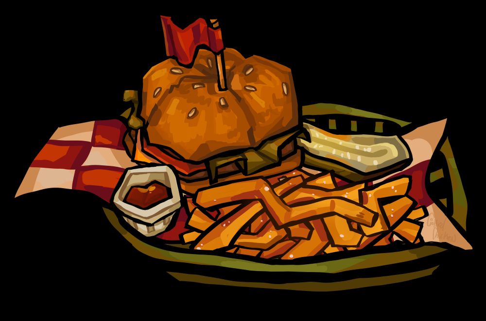 drawing of a tray with a burger, fries, ketchup, and a pickle on it